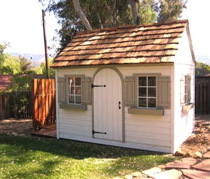 Cedar White Palmerston Shed 8x12 with arched door in Ojal, California. ID number 1113.