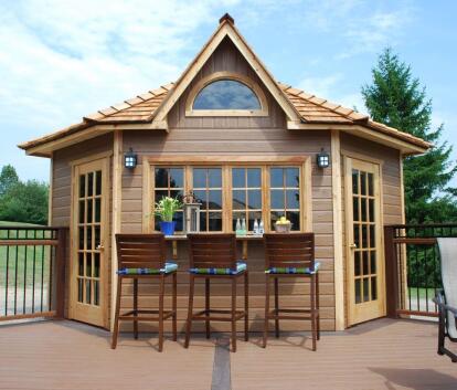 Front view of 12’ Catalina Poolhouse located in Caledon, Ontario – Summerwood Products