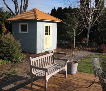 Blue Sonoma shed 6x8 with workshop window in Houston, Texas. ID number 124280.