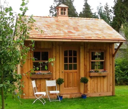 Cedar Glen Echo Shed 10 x 14 with cedar shingles in Hassendeanburn, Scotland. ID number 1439.