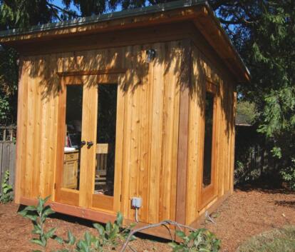 Front right view of a 10' x 10' Urban Studio backyard shed