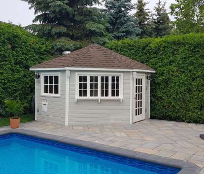 Front view of 11' Catalina Pool Cabana located in Maple, Ontario – Summerwood Products