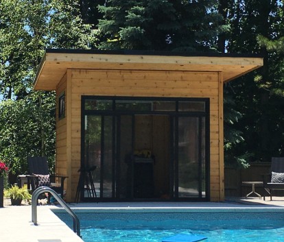 Front view of 9 ’x 12' Verana Pool Cabana located in London, Ontario – Summerwood Products