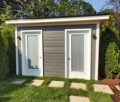 Front view of 8 x 10' Surfside Pool Cabana located in Kitchener, Ontario – Summerwood Products