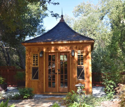 Front view of 11’ x 11' Melbourne Garden Shed located in Saratoga, California – Summerwood Products