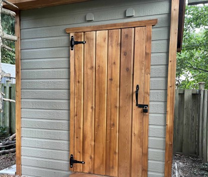 Front view of 5' x 7' Sarawak Garden Shed located in Mississauga, Ontario – Summerwood Products