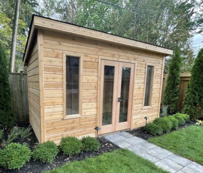 Front view of 7’ x 14' Bala Bunkie Cabin located in Miller Lake, Ontario – Summerwood Products