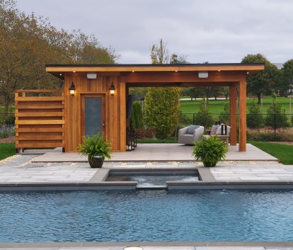 Side view of 10' ’x 20' Sanara Pool Cabana located in Blue Point, New York – Summerwood Products
