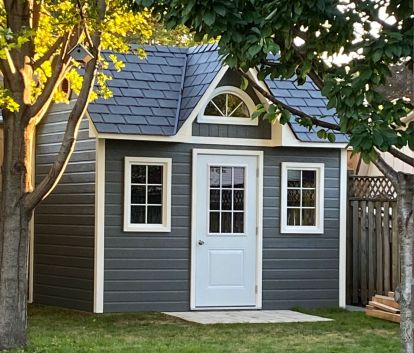 Front view of 8’ x 12' Copper Creek Garden Shed located in Grimsby, Ontario – Summerwood Products