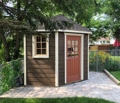 Side view of 8' Catalina Garden Shed located in Perth, Ontario – Summerwood Products