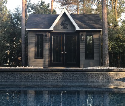 Front view of 8' x 14' Copper Creek Pool Cabana located in Collingwood, Ontario – Summerwood Products