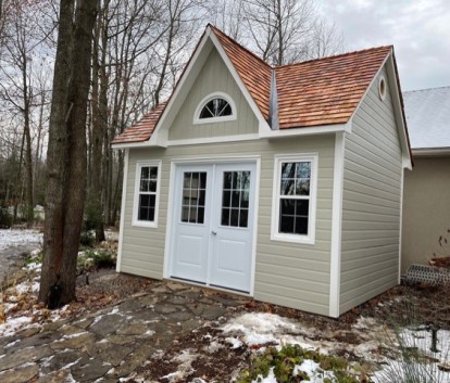 Side view of 12’ x 14' Copper Creek Garden Shed located in Lesli, Ontario – Summerwood Products