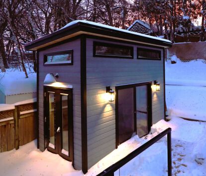 Front right view of an 8' x 13' Urban Studio Shed located in Toronto Ontario