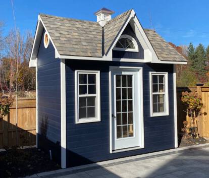 Front view of 7’x11' Copper Creek Garden Shed located in Whitby, Ontario – Summerwood Products