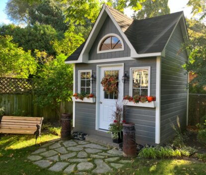 Front view of 10' x 10' Copper Creek Garden Shed located in North York, Ontario - Summerwood Products