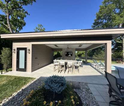 Front view of Sanara Pool Cabana located in Cincinnati, Ohio - Summerwood Products 
