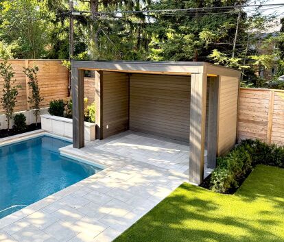 Front left view of a 10’ x 15’ Eden gazebo next to a pool located in Toronto, ON