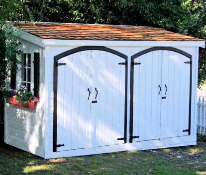 White Canexel Sarawak shed 5x12 with traditional flower boxes in Sherman Oaks, CA. ID number 5143.