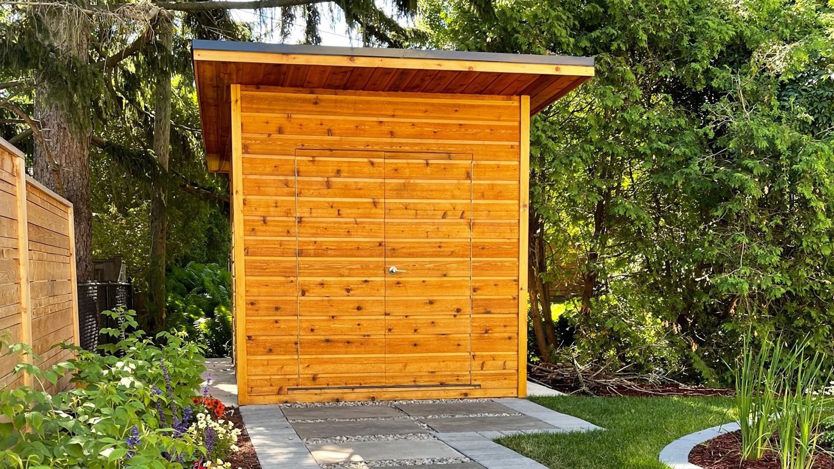 Front view of 8’ x 12’ Dune garden shed located in Mississauga, Ontario – Summerwood Products