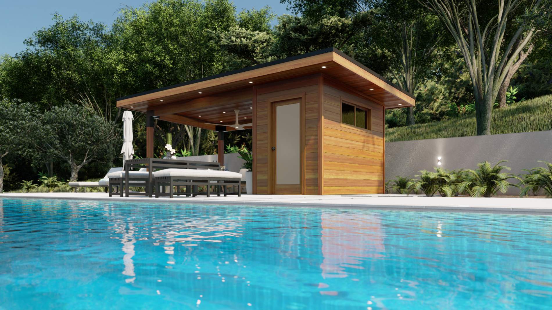 Front right view of 10’ x 20’ Sanara pool cabana – Summerwood Products