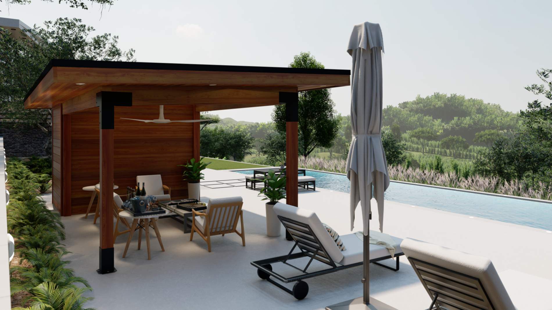 Left side view 2 of 10’ x 20’ Sanara pool cabana – Summerwood Products