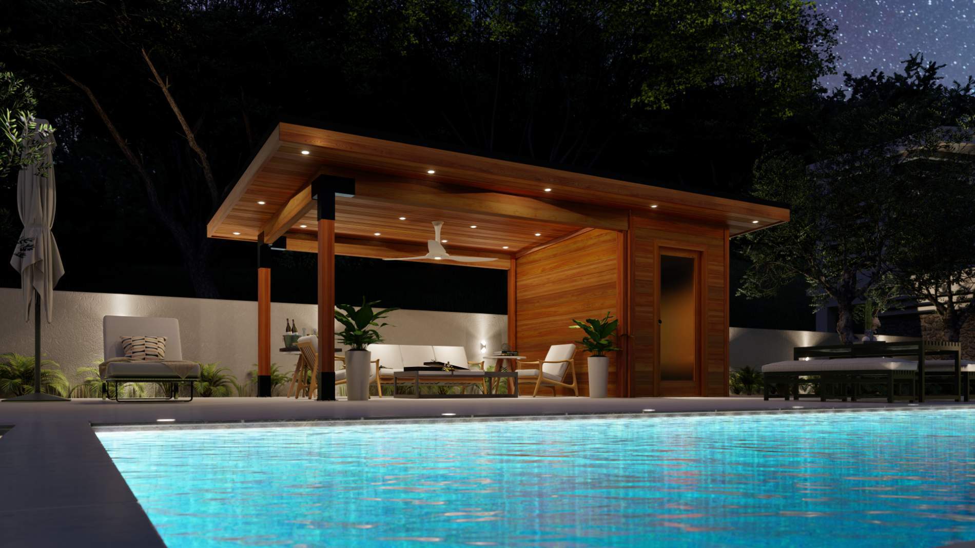 Front view 2 of 10’ x 20’ Sanara pool cabana – Summerwood Products