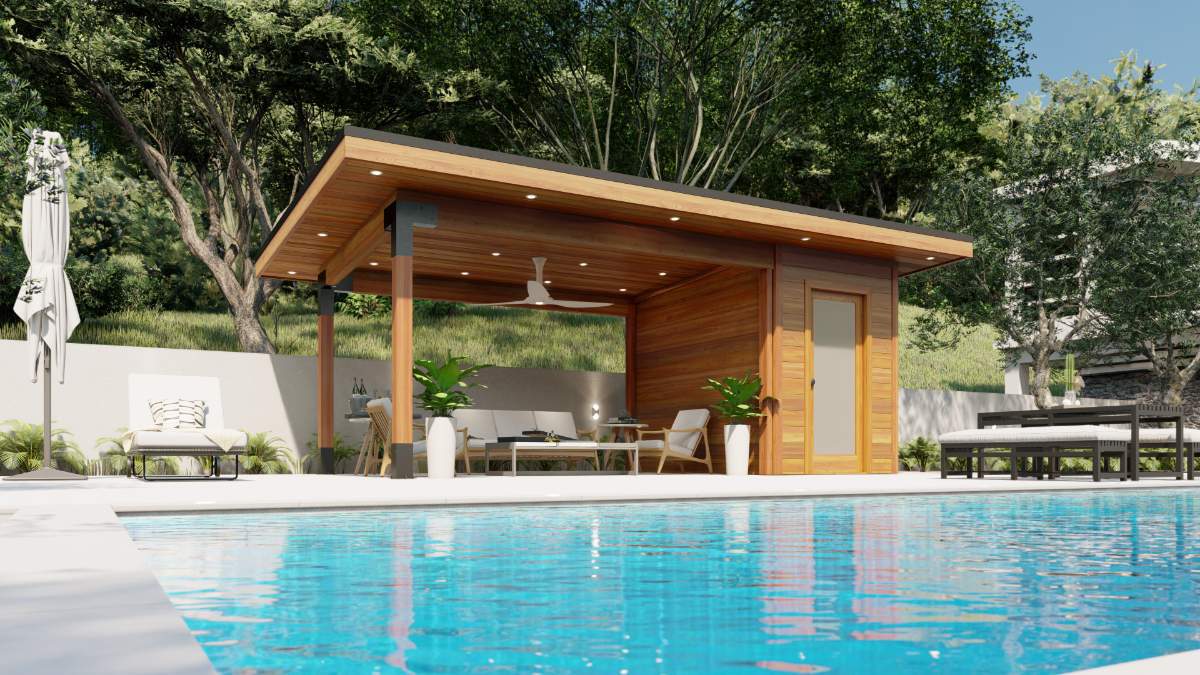 Front view of 10’ x 20’ Sanara pool cabana – Summerwood Products