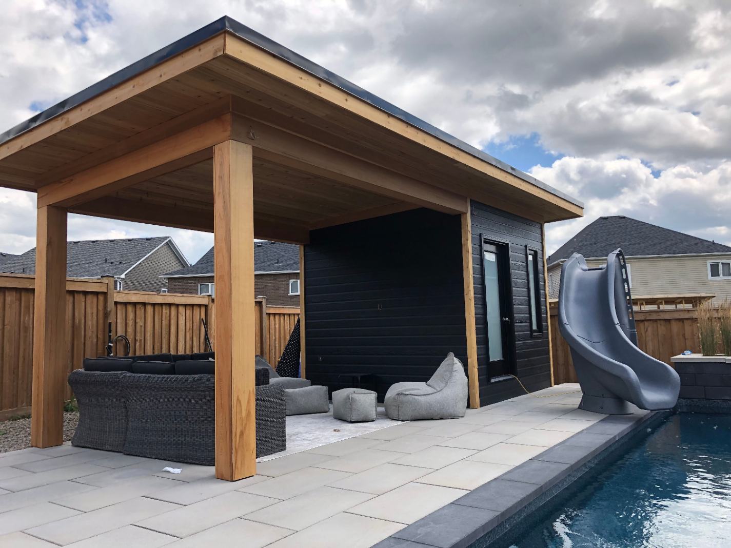 Front view of 10’ x 24' Sanara Pool Cabana located in Oshawa, Ontario – Summerwood Products
