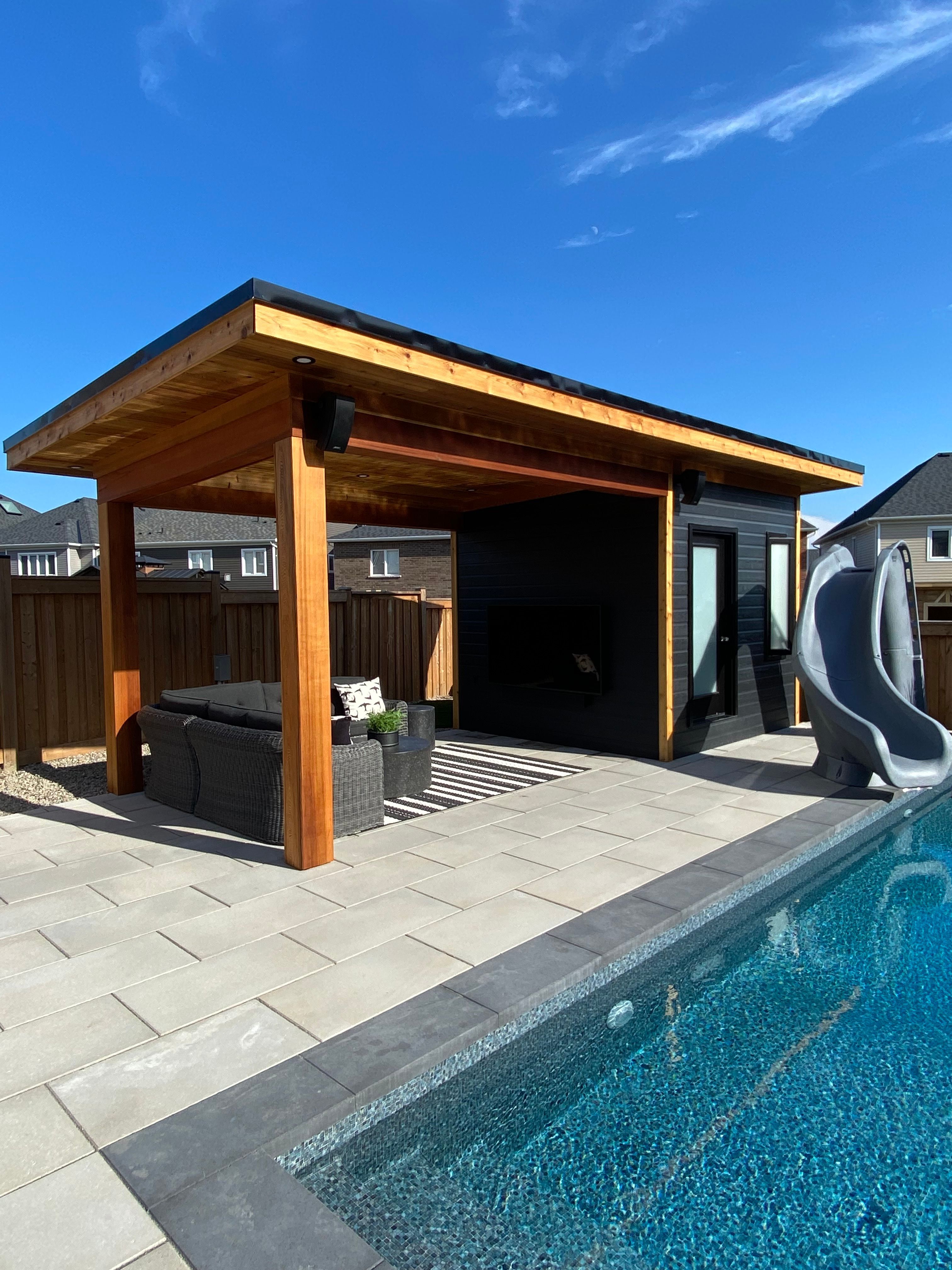 Front view of 10’ x 24' Sanara Pool Cabana located in Oshawa, Ontario – Summerwood Products
