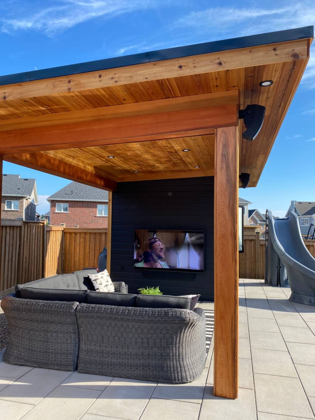 Side view of 10’ x 24' Sanara Pool Cabana located in Oshawa, Ontario – Summerwood Products