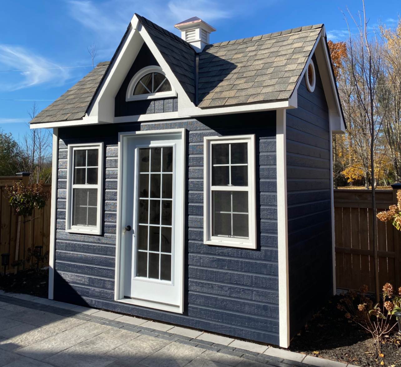 Front view of 7’x11' Copper Creek Garden Shed located in Whitby, Ontario – Summerwood Products