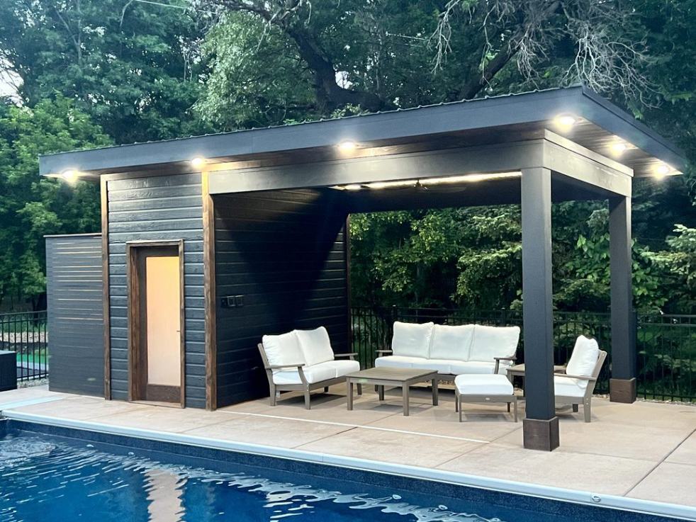 Front view of 10’ x 20' Sanara Pool house located in Ramsey, Minnesota – Summerwood Products