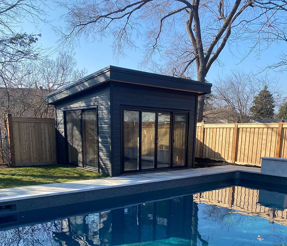 Front right view of 13x12 Urban Studio Pool Cabana located in Brampton, Ontario - Summerwood Product