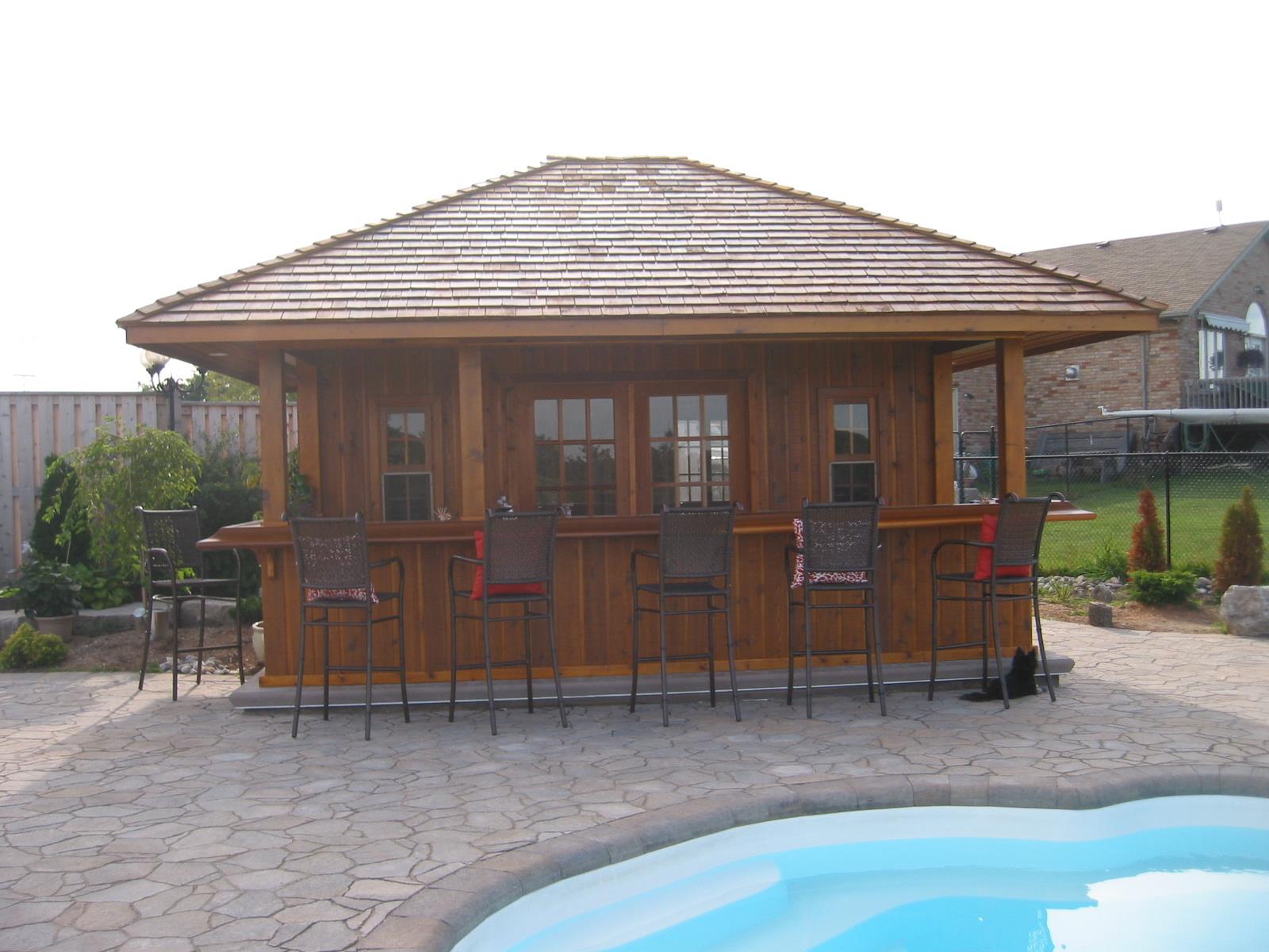 Cedar barside pool cabana 13x16 with double casement windows in Grimsby Ontario. ID number 100816-1.