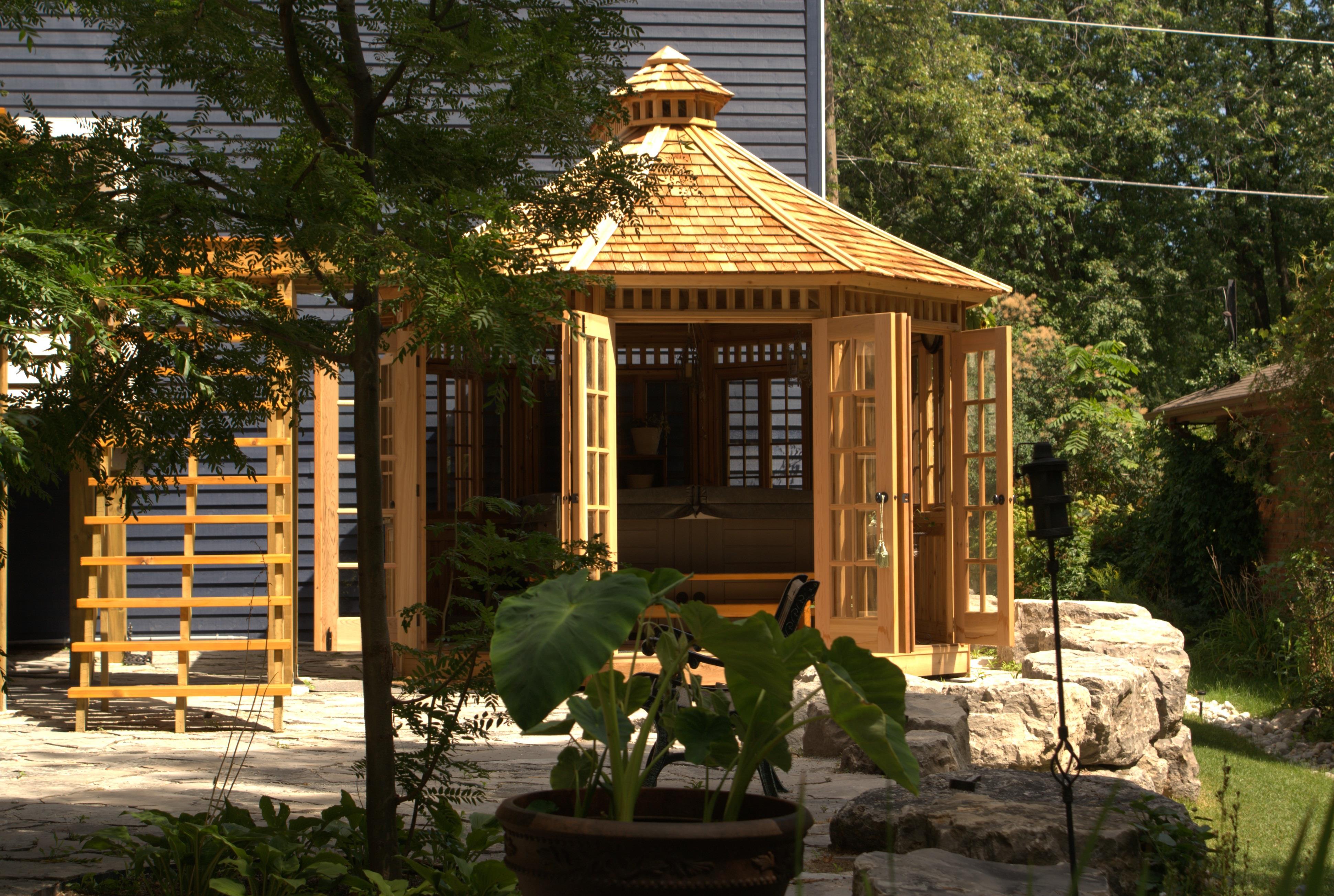 Wooden champlain hot tub gazebo 12' with DH2B designer overhead knobs in Toronto,Ontario.ID number 1