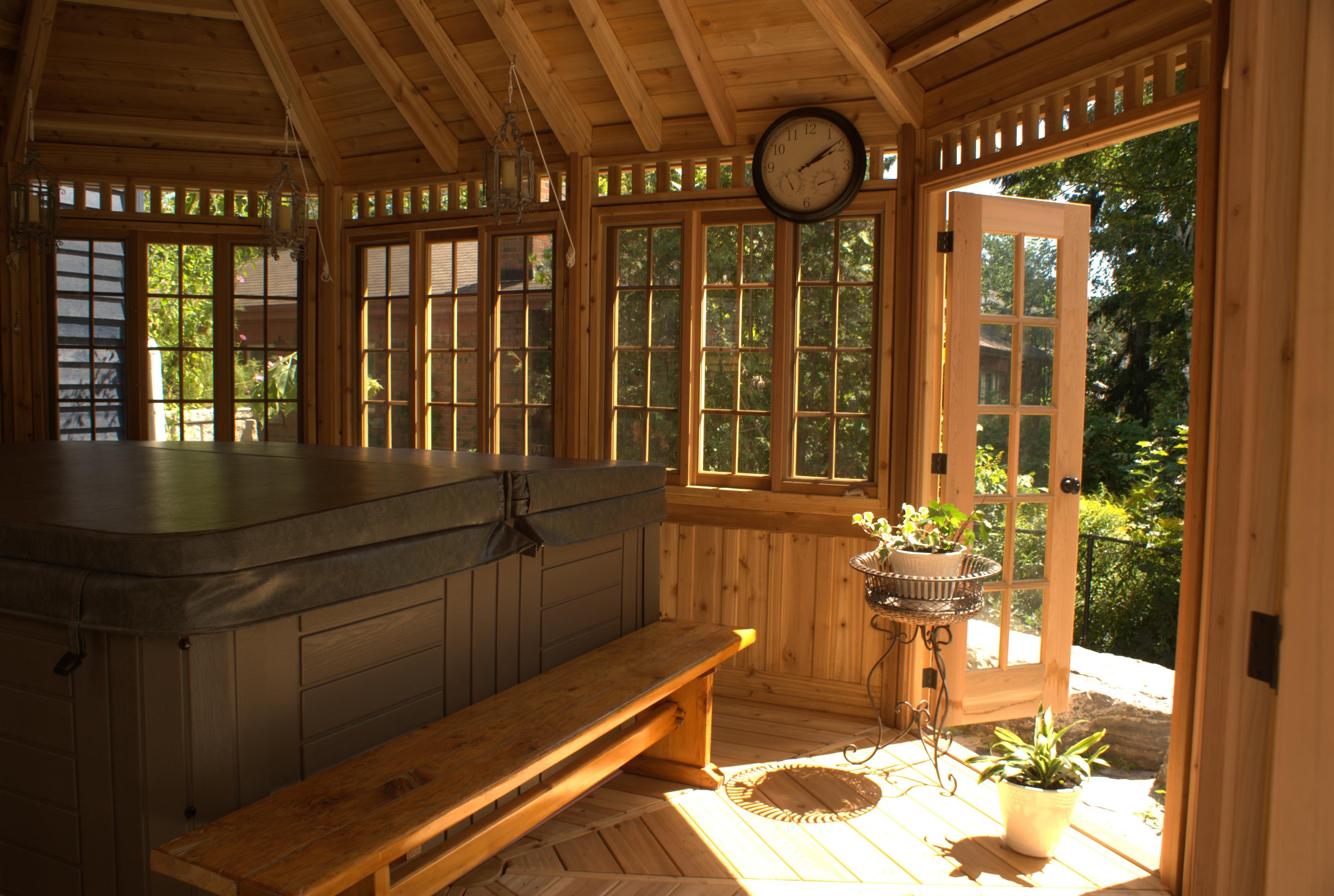 Wooden champlain hot tub gazebo 12' with DH2B designer overhead knobs in Toronto,Ontario.ID number 1