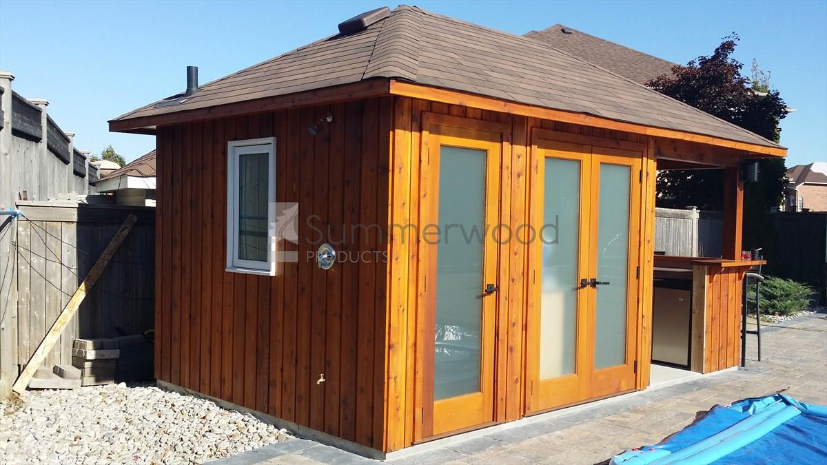 Surfside pool cabana 16x16 with Rough cedar siding in Maple Ontario. ID number 193928-3.