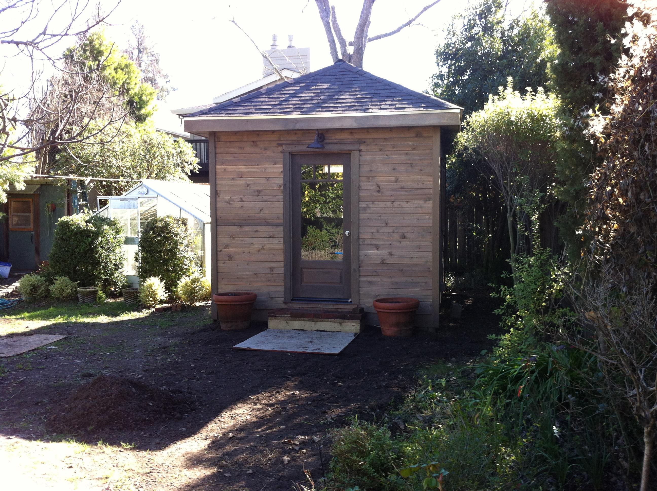 Cedar sonoma shed kit 7x12 with large opening windows in California USA. ID number 198110-1