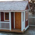 Peach Pickers Porch Playhouse Kit with cedar shingles and D19 playhouse dutch door in Fairfax, Vermo