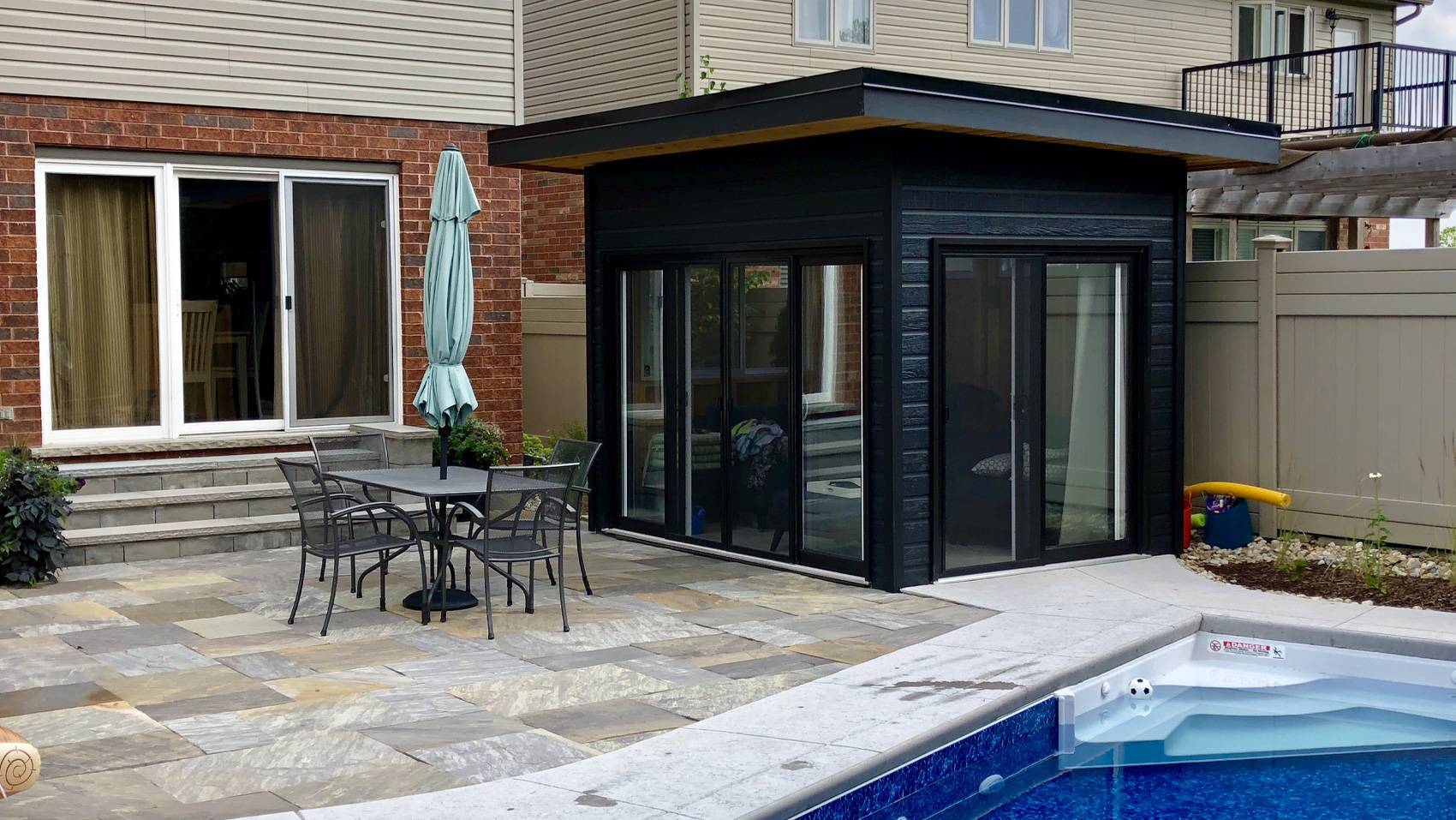 Front View of 8' x 11' Pool Cabana Verana Design located in Guelph, Ontario - Summerwood Products
