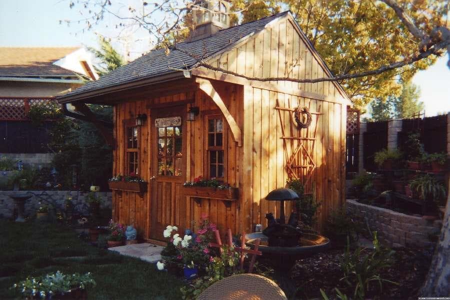 Cedar Glen Echo Shed 8 x 10 with antique flower boxes and arched single door in Thousand Oak Califor