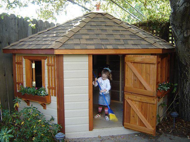 Petite Pentagon 8 ft playhouse with antique flower boxes in San Mateo California. ID number 33086-1.