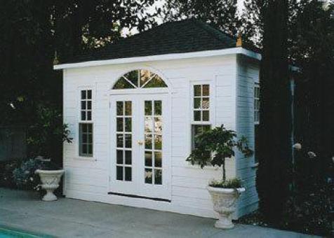 Sonoma 10x12 pool house with large fan arch window in Modesto California. ID number 200591-3
