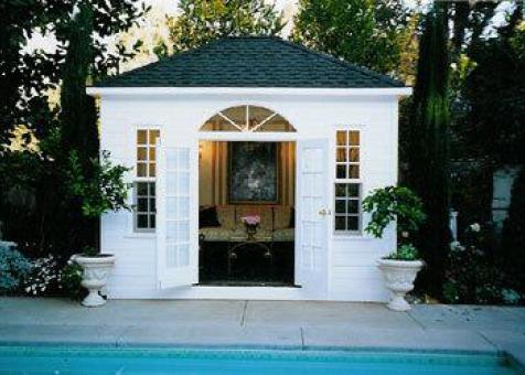 Sonoma 10x12 pool house with large fan arch window in Modesto California. ID number 200524-2