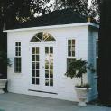 Sonoma 10x12 pool house with large fan arch window in Modesto California. ID number 200524-3