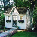 Copper creek 8 x 12 garden shed with antique flower boxes in Boxford Masschusetts. ID number 281-1