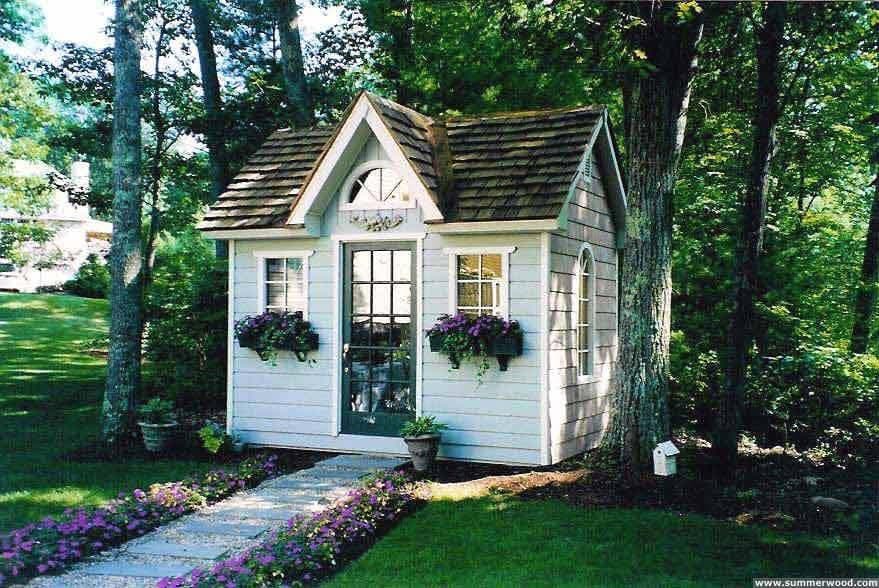 Copper creek 8 x 12 garden shed with antique flower boxes in Boxford Masschusetts. ID number 281-1