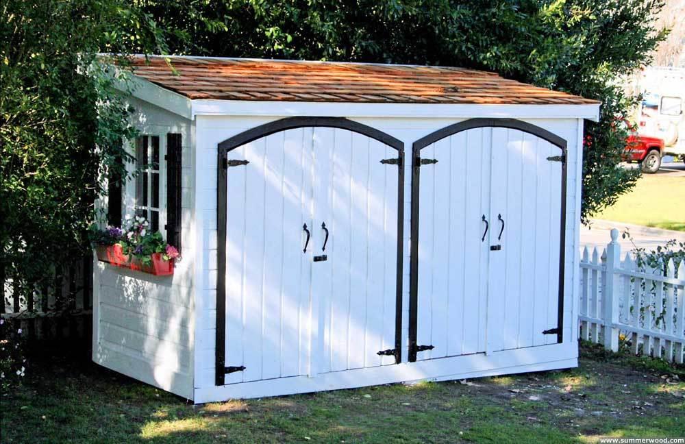White Canexel Sarawak shed 5x12 with traditional flower boxes in Sherman Oaks, CA. ID number 5143-1