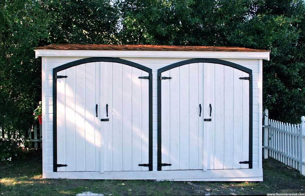White Canexel Sarawak shed 5x12 with traditional flower boxes in Sherman Oaks, CA. ID number 5143-5