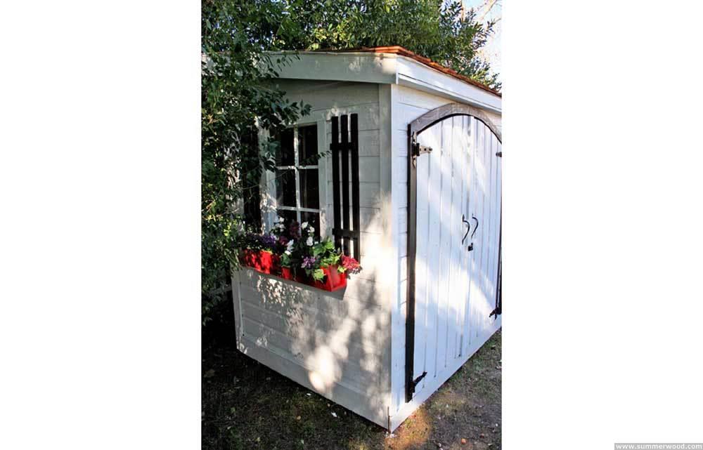 White Canexel Sarawak shed 5x12 with traditional flower boxes in Sherman Oaks, CA. ID number 5143-4